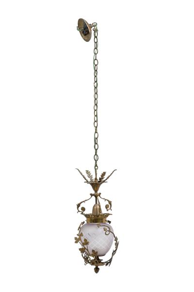 French Art Nouveau Brass Foliate and Crystal Ceiling Lantern