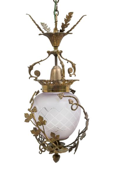 French Art Nouveau Brass Foliate and Crystal Ceiling Lantern