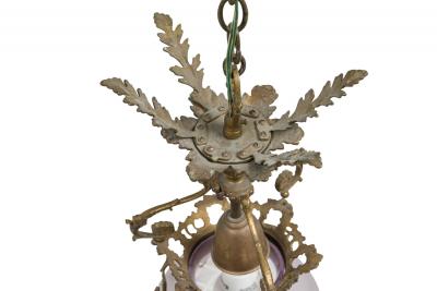 French Art Nouveau Brass Foliate and Crystal Ceiling Lantern