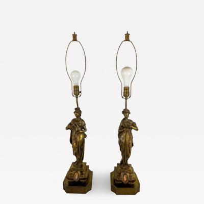 French Art Nouveau Bronze Figural Table Lamp a Pair
