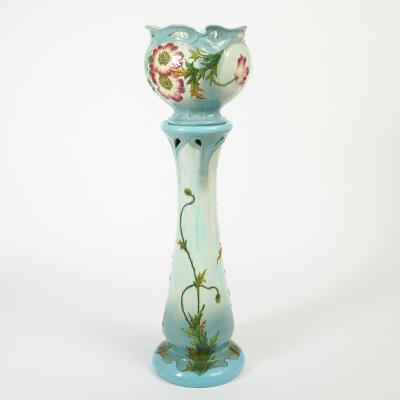 French Art Nouveau Floral Decorated Majolica Jardiniere with Tall Pedestal