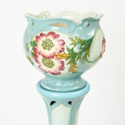 French Art Nouveau Floral Decorated Majolica Jardiniere with Tall Pedestal