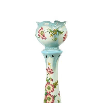 French Art Nouveau Floral Decorated Majolica Jardiniere with Tall Pedestal
