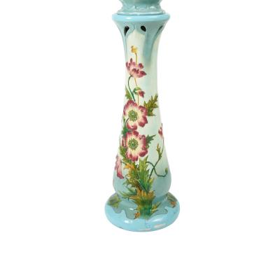French Art Nouveau Floral Decorated Majolica Jardiniere with Tall Pedestal