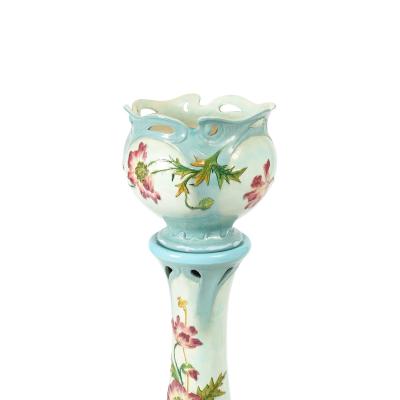 French Art Nouveau Floral Decorated Majolica Jardiniere with Tall Pedestal