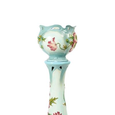 French Art Nouveau Floral Decorated Majolica Jardiniere with Tall Pedestal