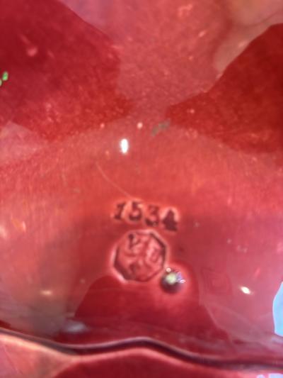 French Art Nouveau Majolica porcelain red and green centerpiece