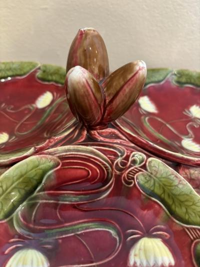 French Art Nouveau Majolica porcelain red and green centerpiece