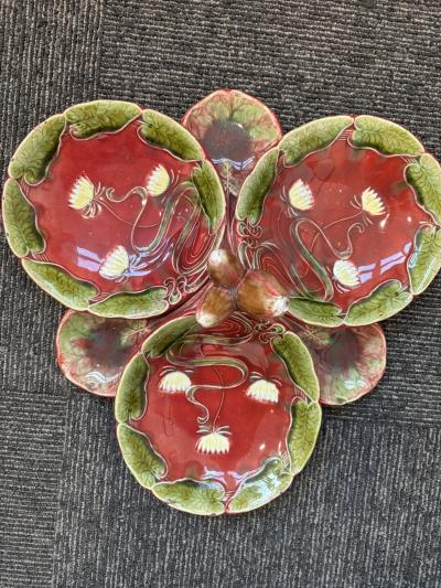 French Art Nouveau Majolica porcelain red and green centerpiece