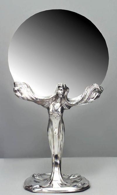 French Art Nouveau Silver Plate Lady with Round Dressing Table Mirror