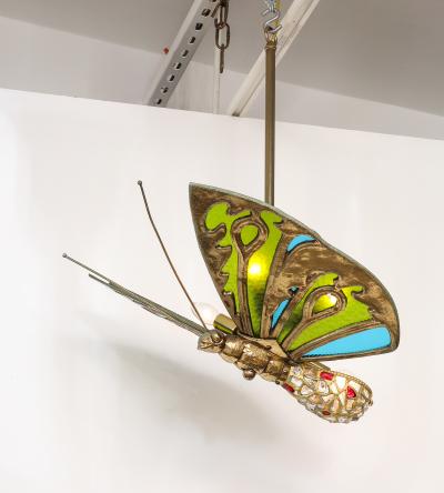 French Art Nouveau Stained Glass Butterfly Pendant