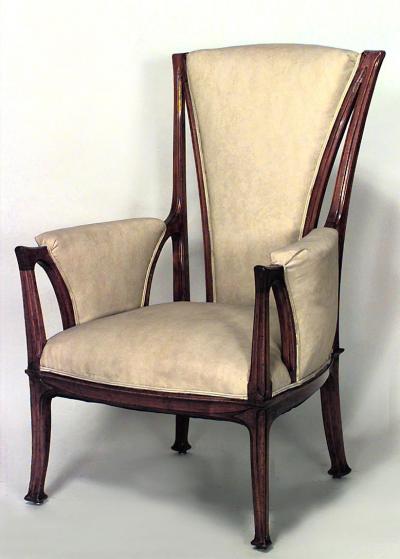 French Art Nouveau Walnut High Back Bergere Armchair