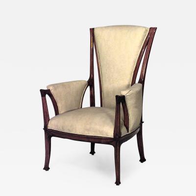 French Art Nouveau Walnut High Back Bergere Armchair