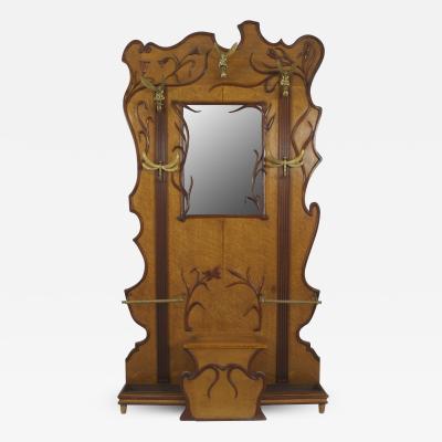 French Art Nouveau Walnut and Maple Hatrack with a Large Center Mirror