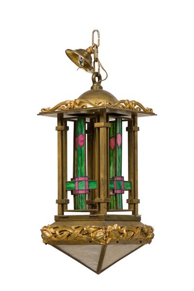 French Art Nouveau bronze dore lantern with leaded colored glass