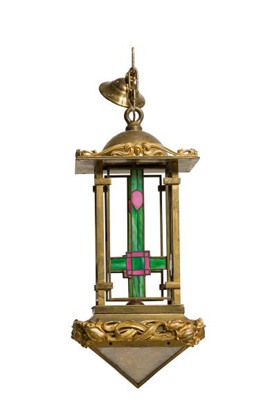 French Art Nouveau bronze dore lantern with leaded colored glass