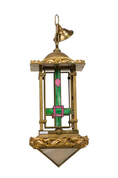 French Art Nouveau bronze dore lantern with leaded colored glass