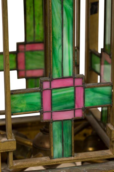 French Art Nouveau bronze dore lantern with leaded colored glass