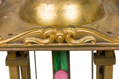French Art Nouveau bronze dore lantern with leaded colored glass