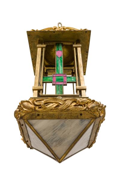 French Art Nouveau bronze dore lantern with leaded colored glass