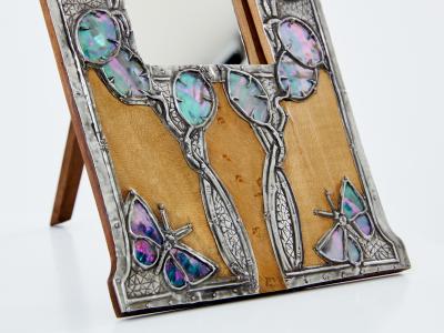 French Art Nouveau tin and amboyna burl vanity mirror 1910s