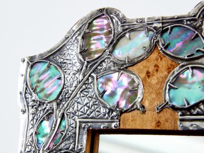 French Art Nouveau tin and amboyna burl vanity mirror 1910s