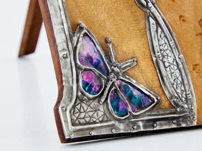 French Art Nouveau tin and amboyna burl vanity mirror 1910s