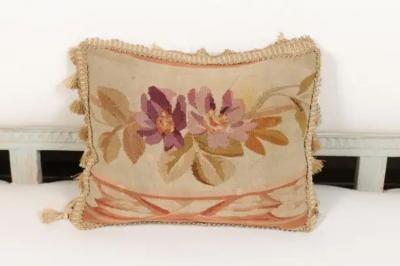 French Aubusson Tapestry 19th Century Pillow with Purple Floral D cor Tassels