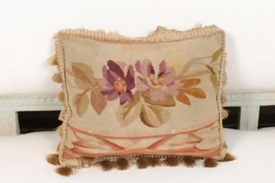 French Aubusson Tapestry 19th Century Pillow with Purple Floral D cor Tassels