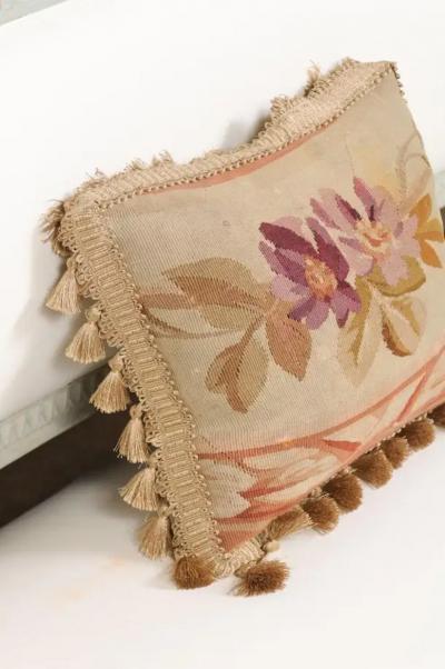 French Aubusson Tapestry 19th Century Pillow with Purple Floral D cor Tassels