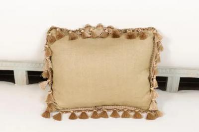 French Aubusson Tapestry 19th Century Pillow with Purple Floral D cor Tassels
