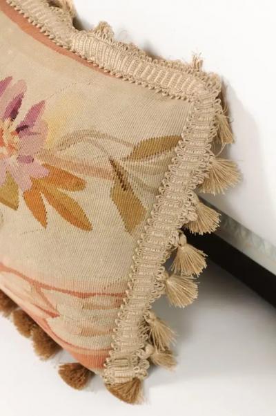 French Aubusson Tapestry 19th Century Pillow with Purple Floral D cor Tassels
