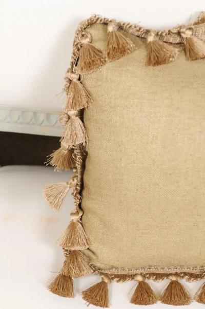 French Aubusson Tapestry 19th Century Pillow with Purple Floral D cor Tassels