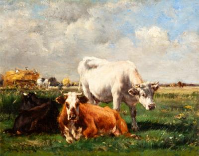French Barbizon Antique Pastoral Landscape Painting by Marie Dieterle