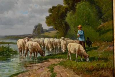 French Barbizon Painting of a Shepherd with His Herd of Sheep Late 19th Century