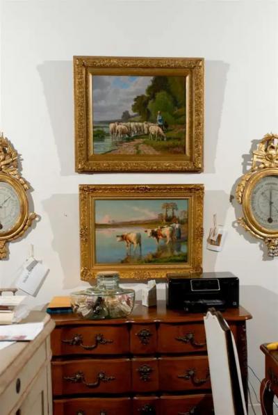 French Barbizon Painting of a Shepherd with His Herd of Sheep Late 19th Century