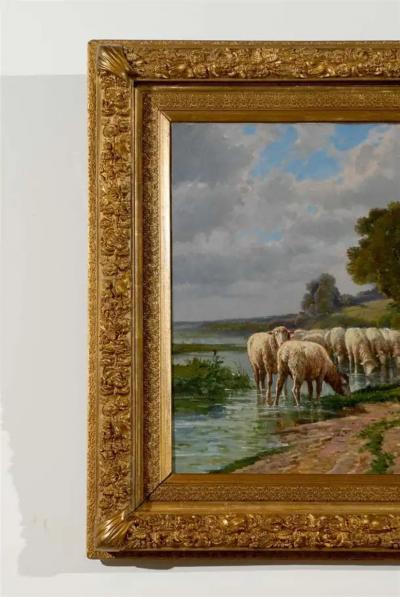 French Barbizon Painting of a Shepherd with His Herd of Sheep Late 19th Century