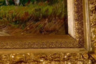 French Barbizon Painting of a Shepherd with His Herd of Sheep Late 19th Century