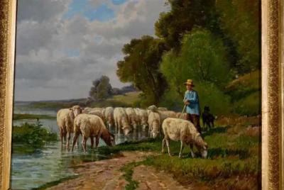 French Barbizon Painting of a Shepherd with His Herd of Sheep Late 19th Century