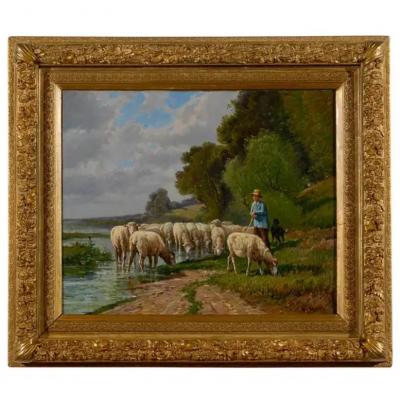 French Barbizon Painting of a Shepherd with His Herd of Sheep Late 19th Century