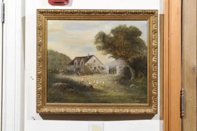 French Barbizon School Framed Oil on Canvas Pastoral Painting Signed Th Linsyer