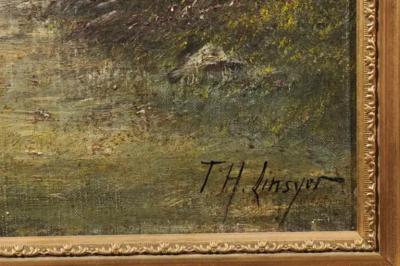 French Barbizon School Framed Oil on Canvas Pastoral Painting Signed Th Linsyer