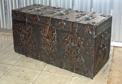 French Baroque 17th Century Iron Bound Leather Chest or Coffer