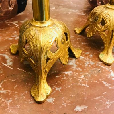 French Baroque Revival Pair of Gilt Bronze Ormolu Pricket Candlesticks 1880s