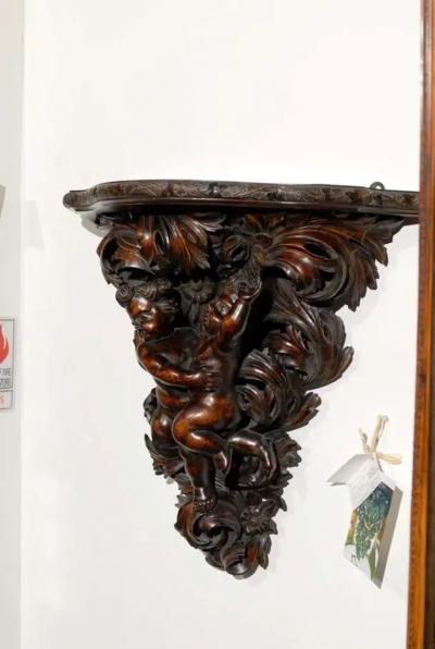 French Baroque Style Hand Carved Walnut Bracket with Putti and Foliage 1800s