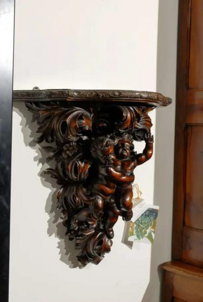 French Baroque Style Hand Carved Walnut Bracket with Putti and Foliage 1800s