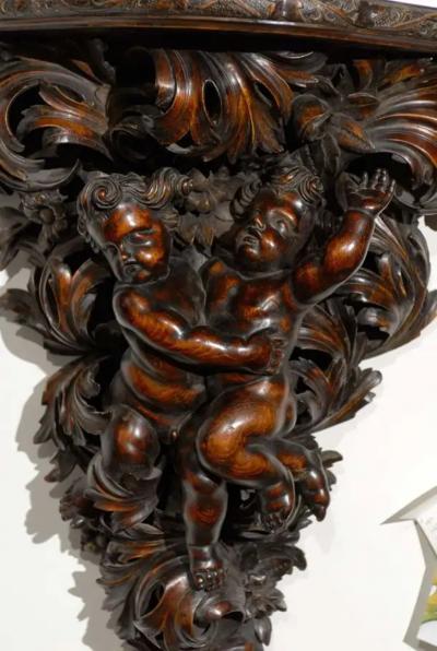 French Baroque Style Hand Carved Walnut Bracket with Putti and Foliage 1800s