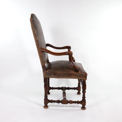 French Baroque Style Walnut Fauteuil Upholstered In Embossed Leather Circa 1800
