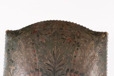 French Baroque Style Walnut Fauteuil Upholstered In Embossed Leather Circa 1800