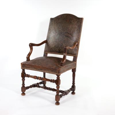 French Baroque Style Walnut Fauteuil Upholstered In Embossed Leather Circa 1800